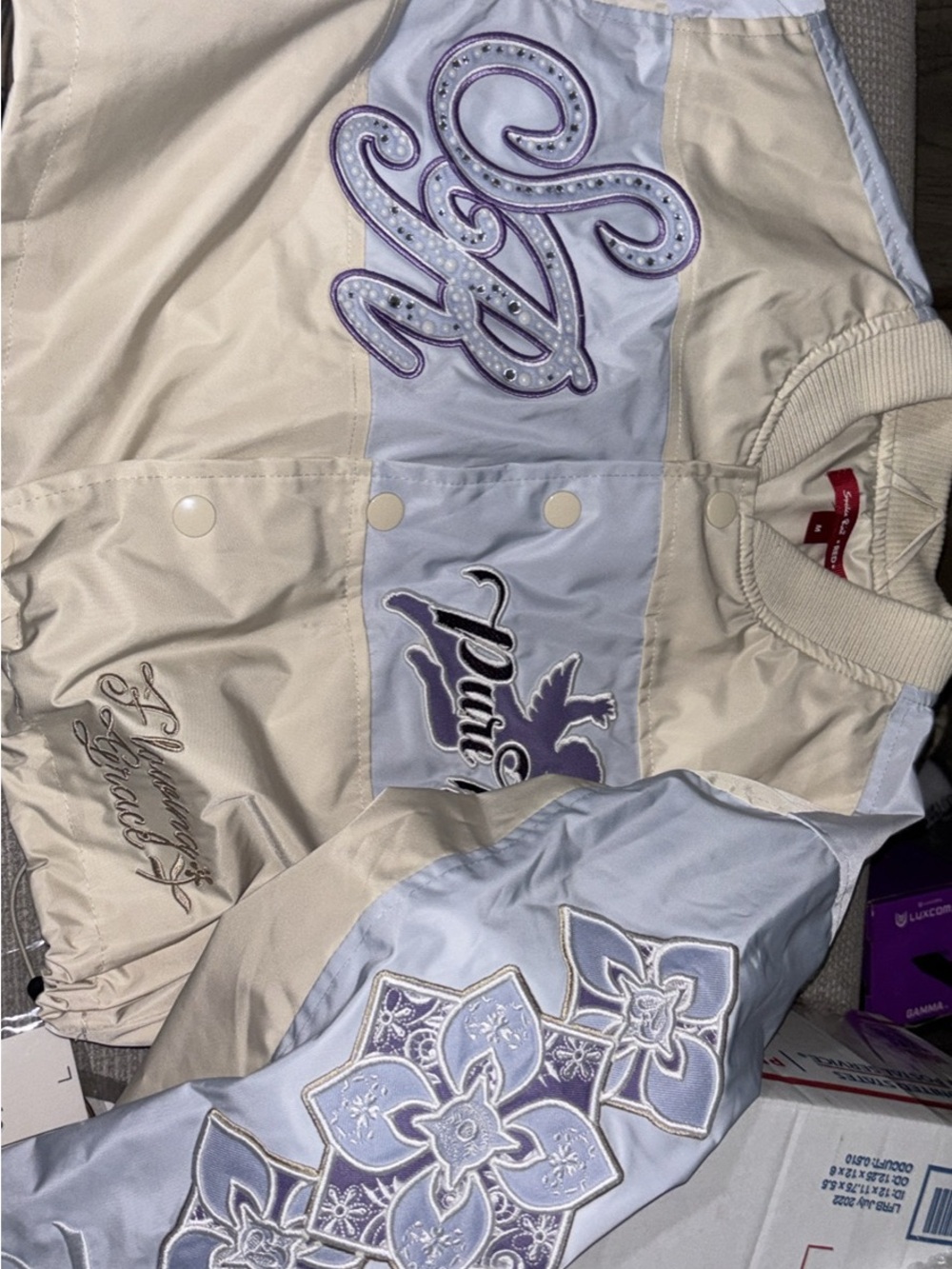 Pastel Lilac and Cream Embroidered Bomber Jacket